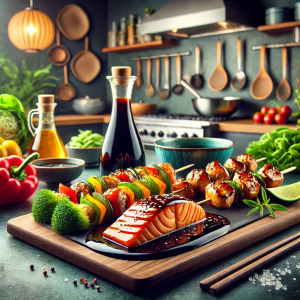 DALL·E 2024-08-31 18.32.29 - A vibrant kitchen scene featuring dishes prepared with teriyaki sauce, including teriyaki salmon, chicken skewers, and glazed vegetables, all arranged